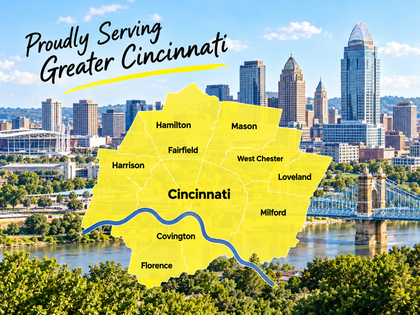 Proudly serving Greater Cincinnati map with Cincinnati skyline background
