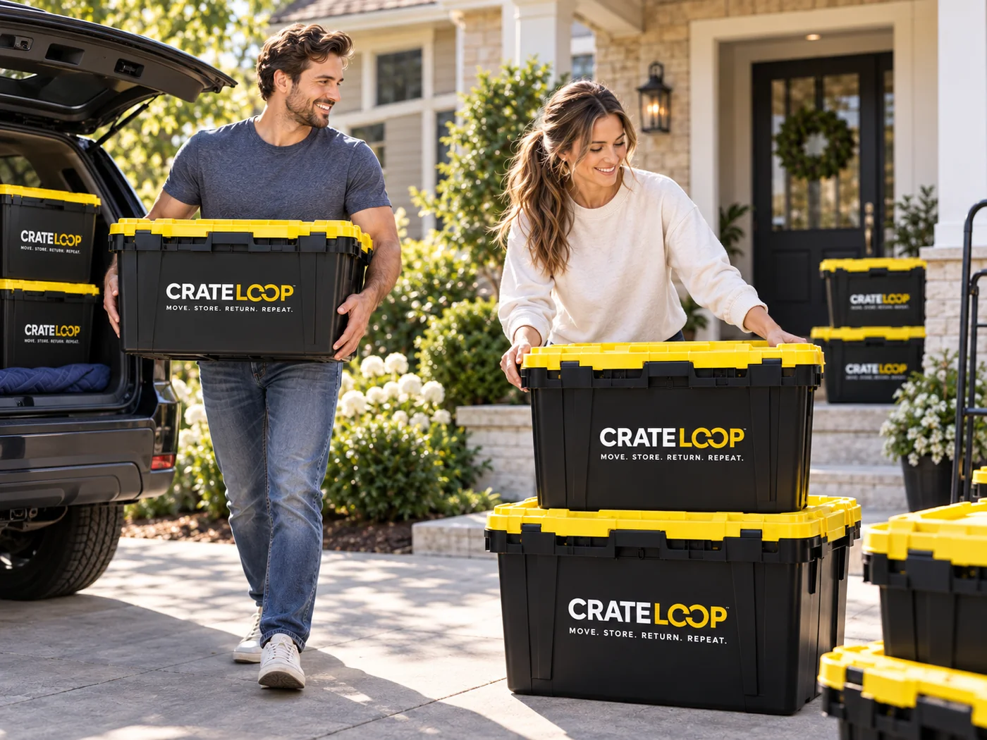 Couple using CrateLoop reusable crates for a home move