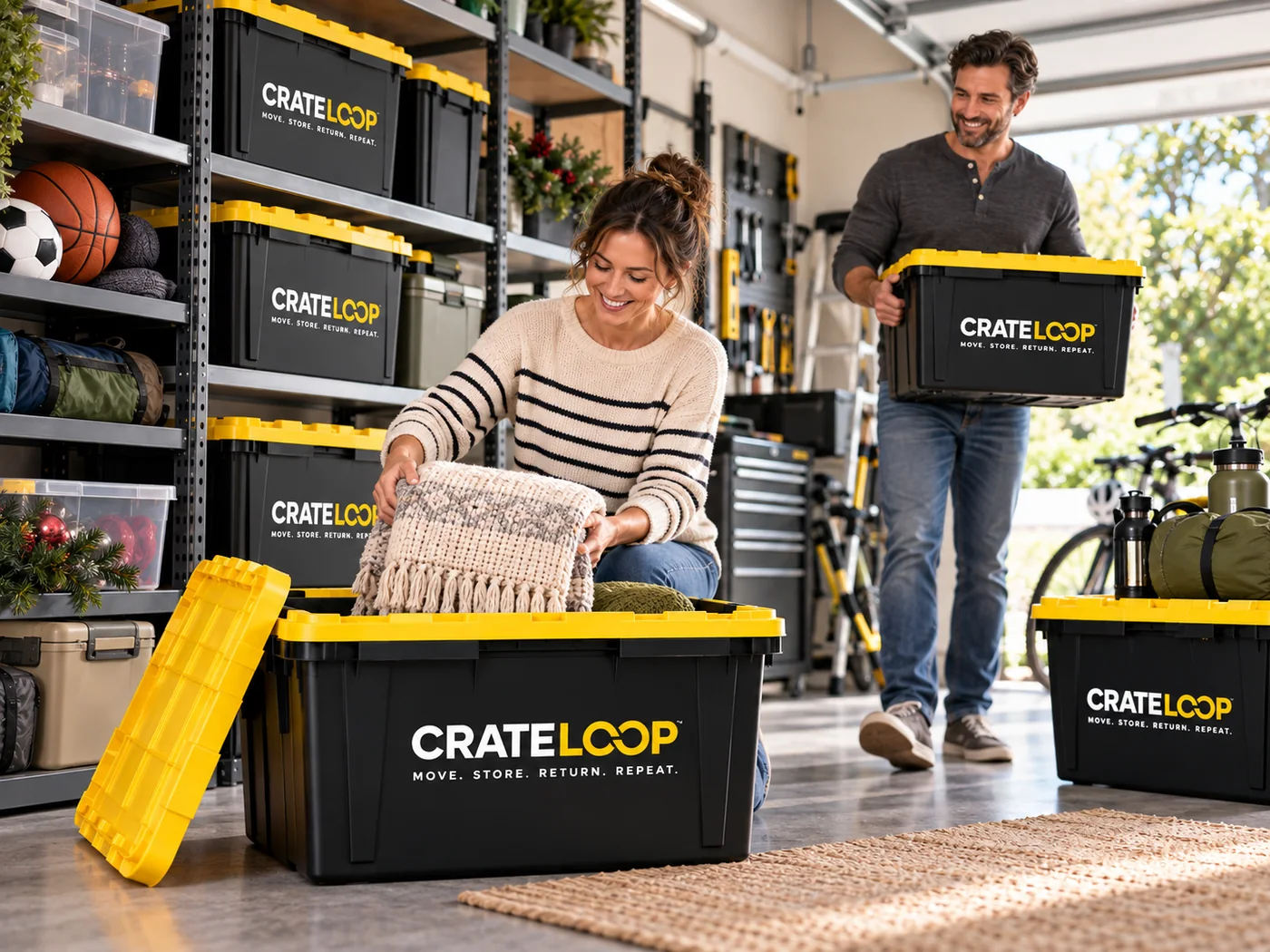 CrateLoop crates used to organize a garage and household storage