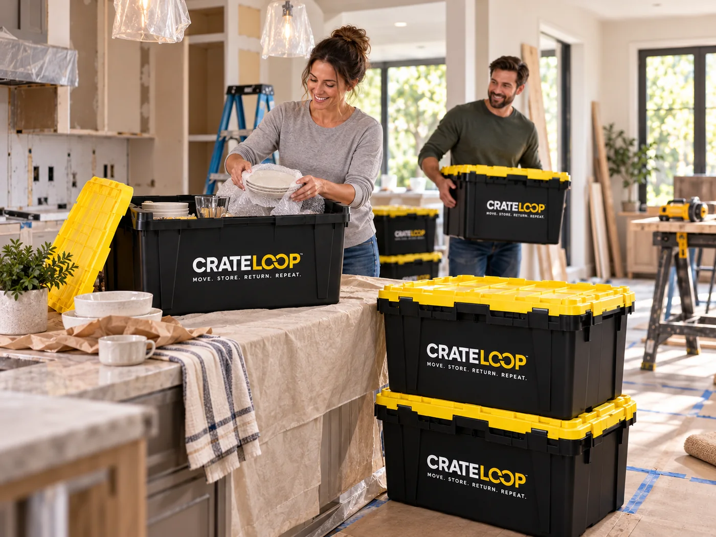 CrateLoop crates protecting household items during a remodel